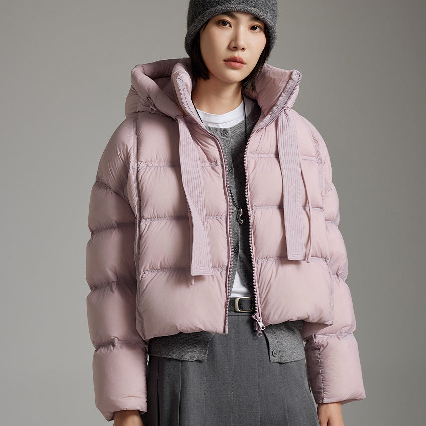 Damen Kurz geschnittene Boxy-Steppjacke mit voluminöser Kapuze und Kordelzug Drune