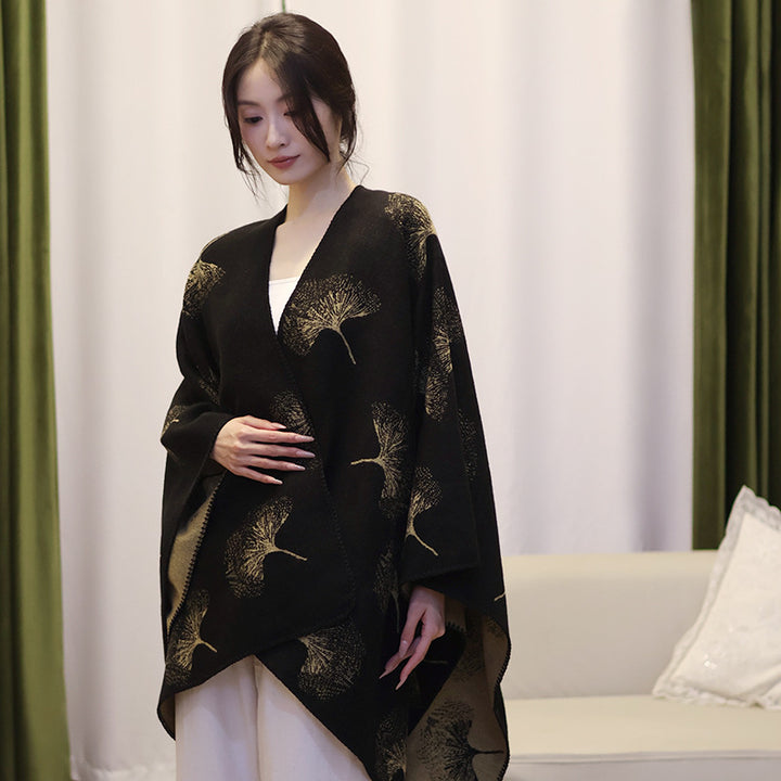 Damen Oversize‑Wickelcape aus jacquardgestricktem Wollmix mit Pusteblumenmuster Drune