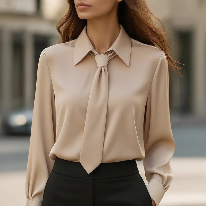 Damen Seidige Business Bluse mit Hemdkragen und integrierter Schleife Drune