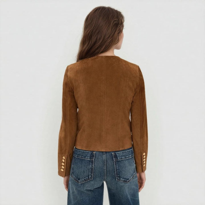 Damen Taillierte Wildlederoptik‑Jacke mit Stehkragen und Zierknopfleiste Drune