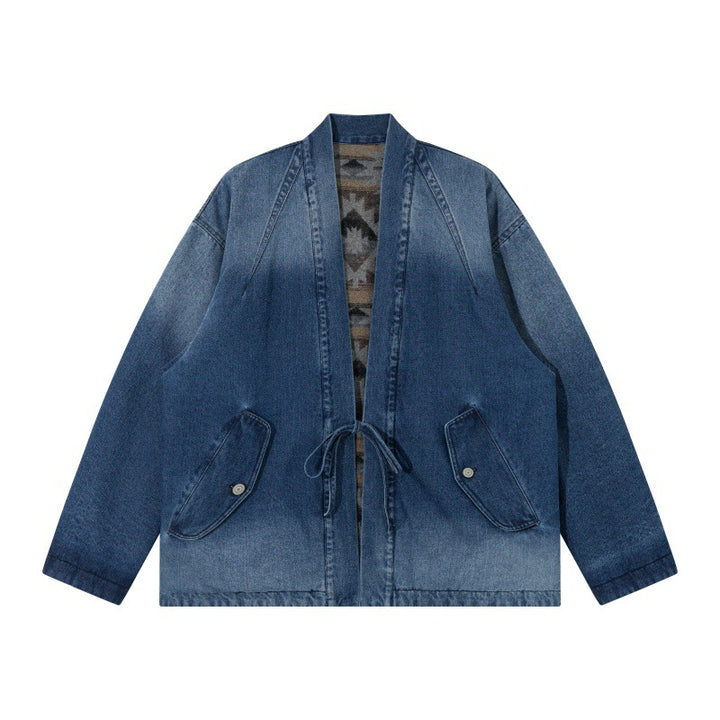 Unisex Jeans-Kimonojacke mit Bindegürtel und gemusterter Futterung Drune