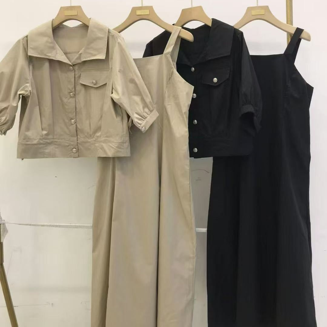 Damen Zweiteiliges Leinenoptik-Midikleid mit kurzer Jacke, tailliertem Gummizug und Puffärmeln Drune