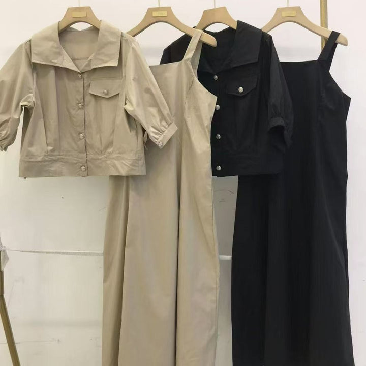 Damen Zweiteiliges Leinenoptik-Midikleid mit kurzer Jacke, tailliertem Gummizug und Puffärmeln Drune