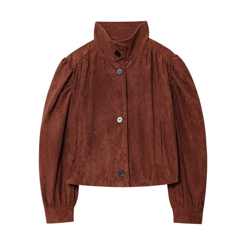 Damen Kurzjacke aus Velourslederimitat mit Stehkragen, gerafften Balloonärmeln und Knopfleiste Drune
