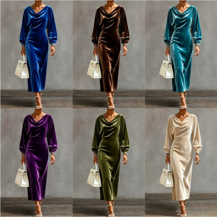 Damen Midikleid aus Samt mit drapiertem Wasserfallkragen und Ballonärmeln Drune