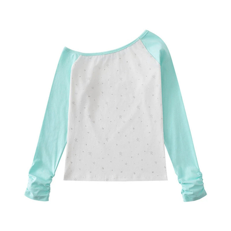 Damen Raglan-Langarmshirt mit U-Boot-Ausschnitt, Sternen-Print und gerafften Ärmeln Drune