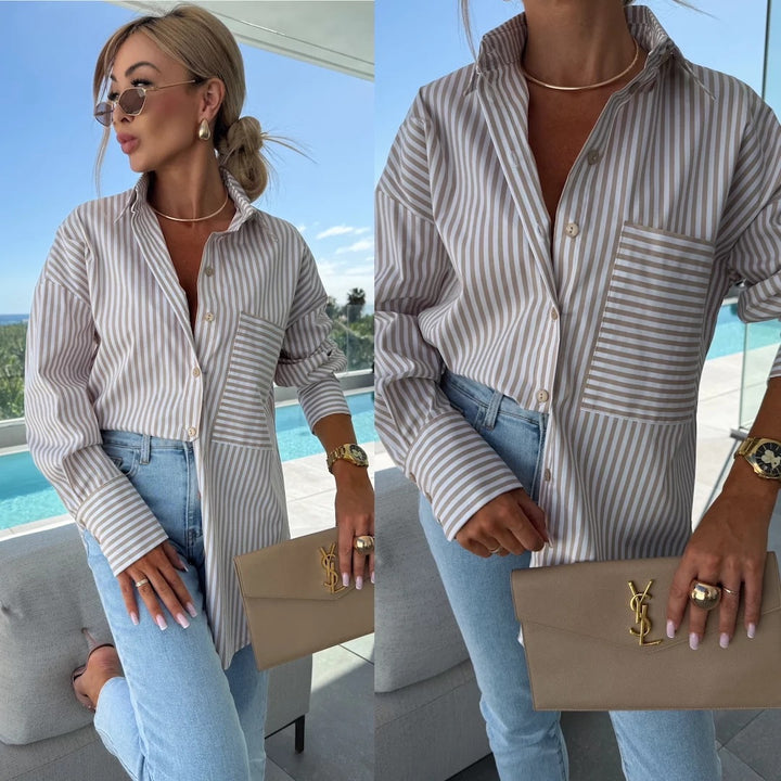 Damen Streifenbluse im lässigen Oversized-Stil mit Brusttasche Drune