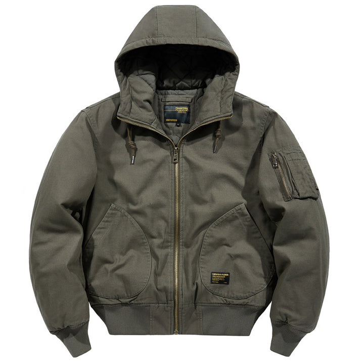 Herren  isolierte Kapuzen-Canvas-Arbeitsjacke Bomber mit geschwungenen Handtaschen und verstärktem Ärmel-Reißverschlussfach Drune