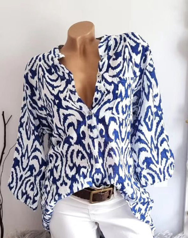 Damen nan locker geschnittene Tunika-Bluse mit Ikat‑Muster, V‑Ausschnitt und Dreiviertelärmeln Drune