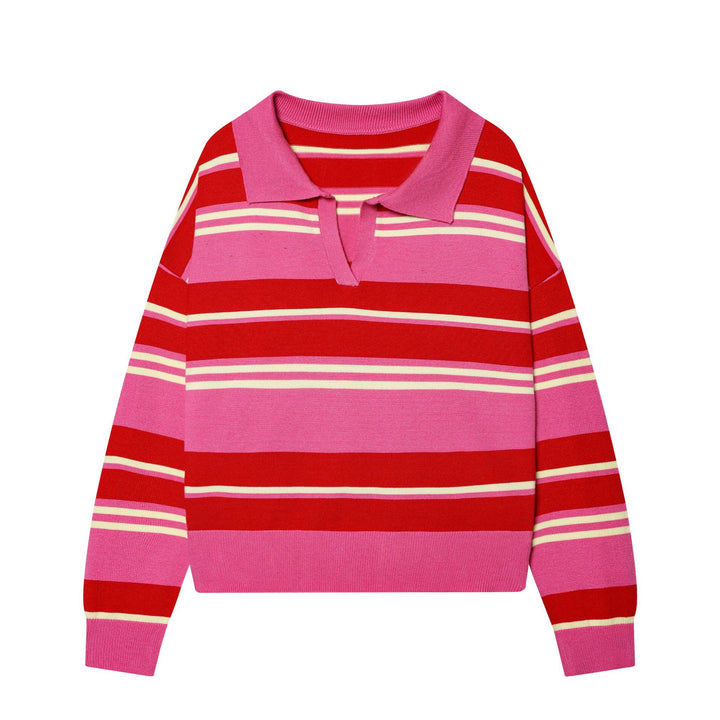 Damen nan gestreifter Feinstrick-Polopullover mit Knopfleiste, Rippbündchen und leichter Wollmischung Drune