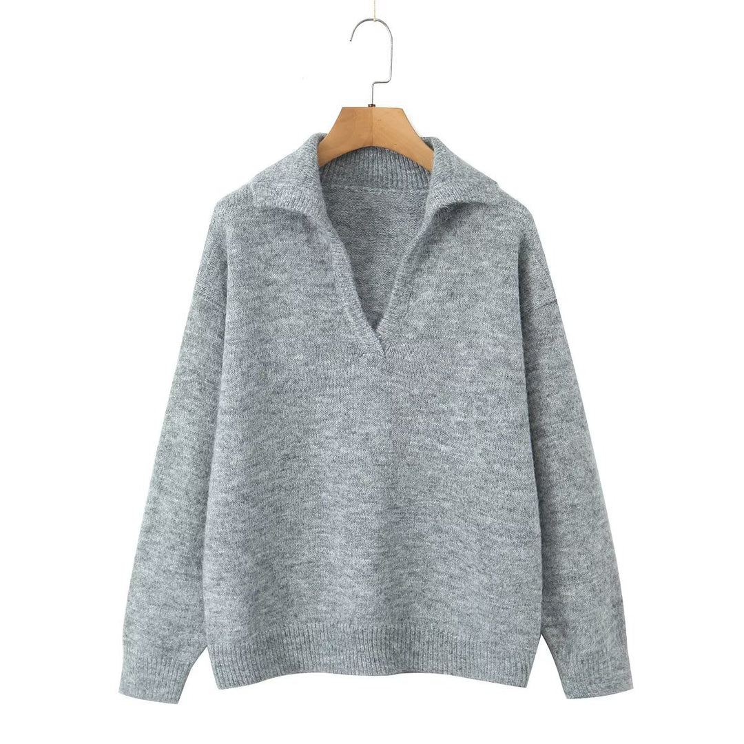 Damen lässiger Strickpullover mit Stehkragen und V-Ausschnitt Drune