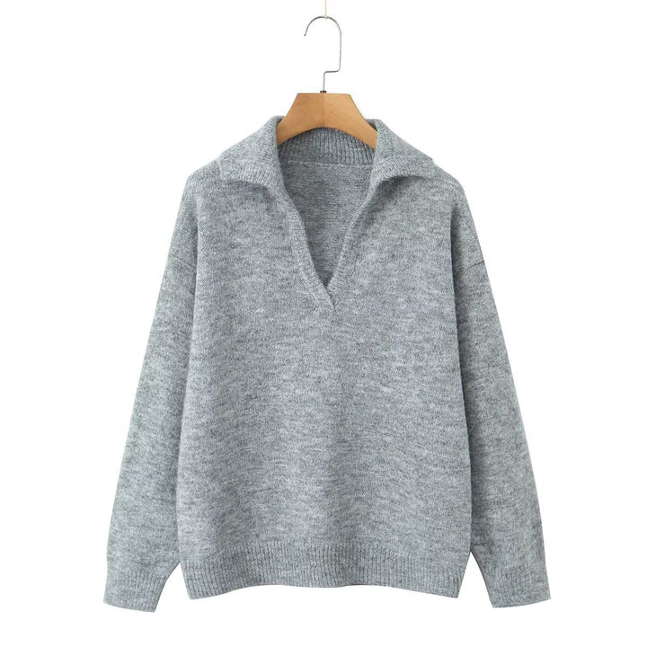Damen lässiger Strickpullover mit Stehkragen und V-Ausschnitt Drune