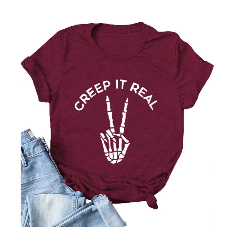 Damen Kurzarm Grafik-T-Shirt mit verspieltem Skelettdesign Drune