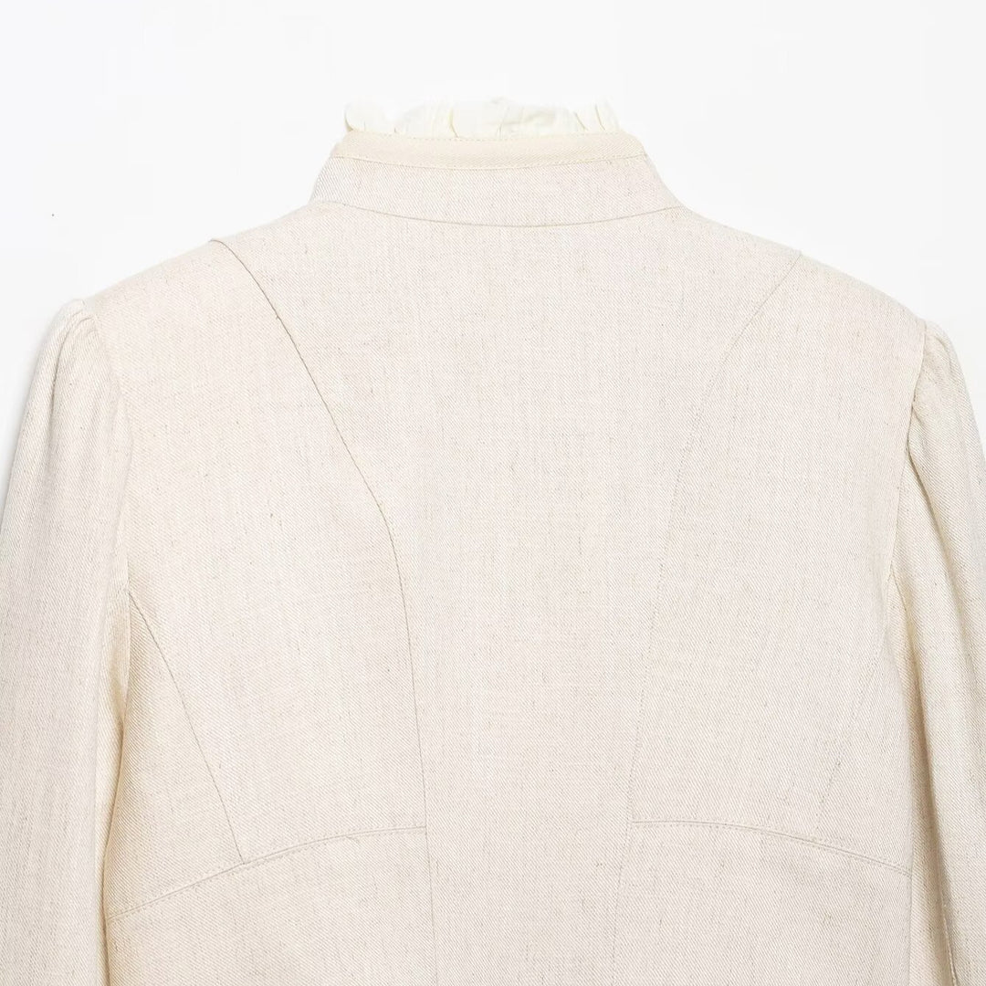 Damen Cropped Jacke mit Stehkragen, Biesenärmeln und Rüschenblende Drune