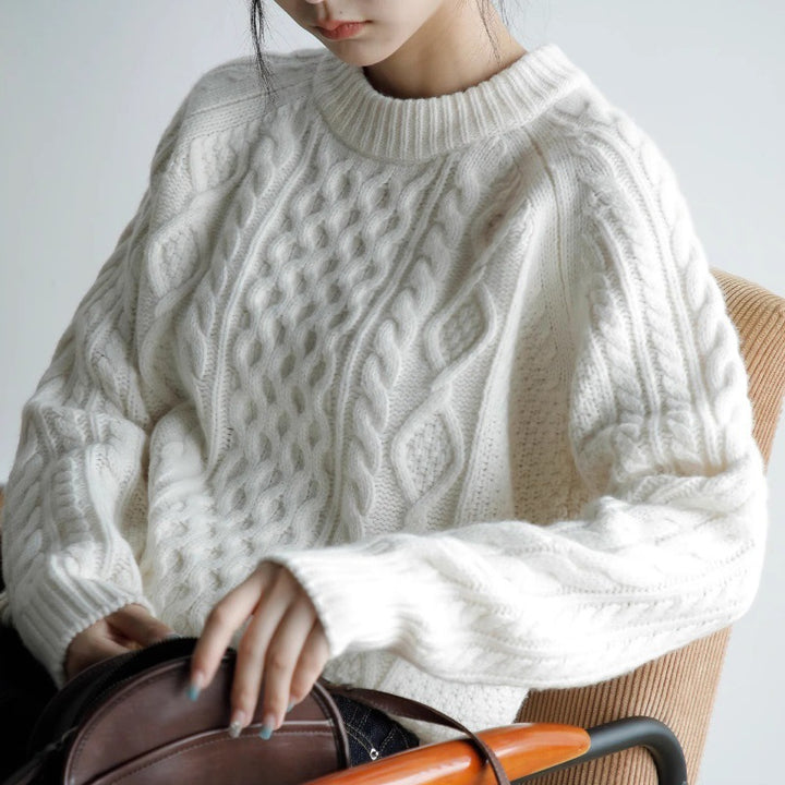 Damen Strukturierter Zopfmuster-Pullover aus Merino-Mix mit gerippten Abschlüssen und kastiger Passform Drune