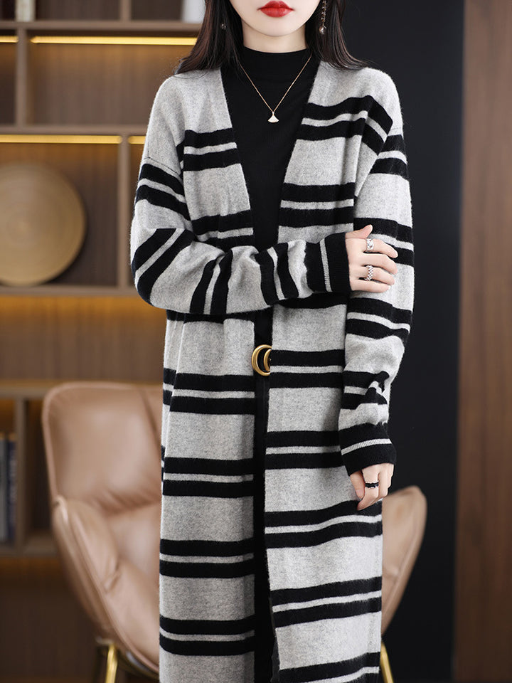 Damen Oversize-Longcardigan aus weichem Wollmix mit kontrastierenden Blockstreifen Drune