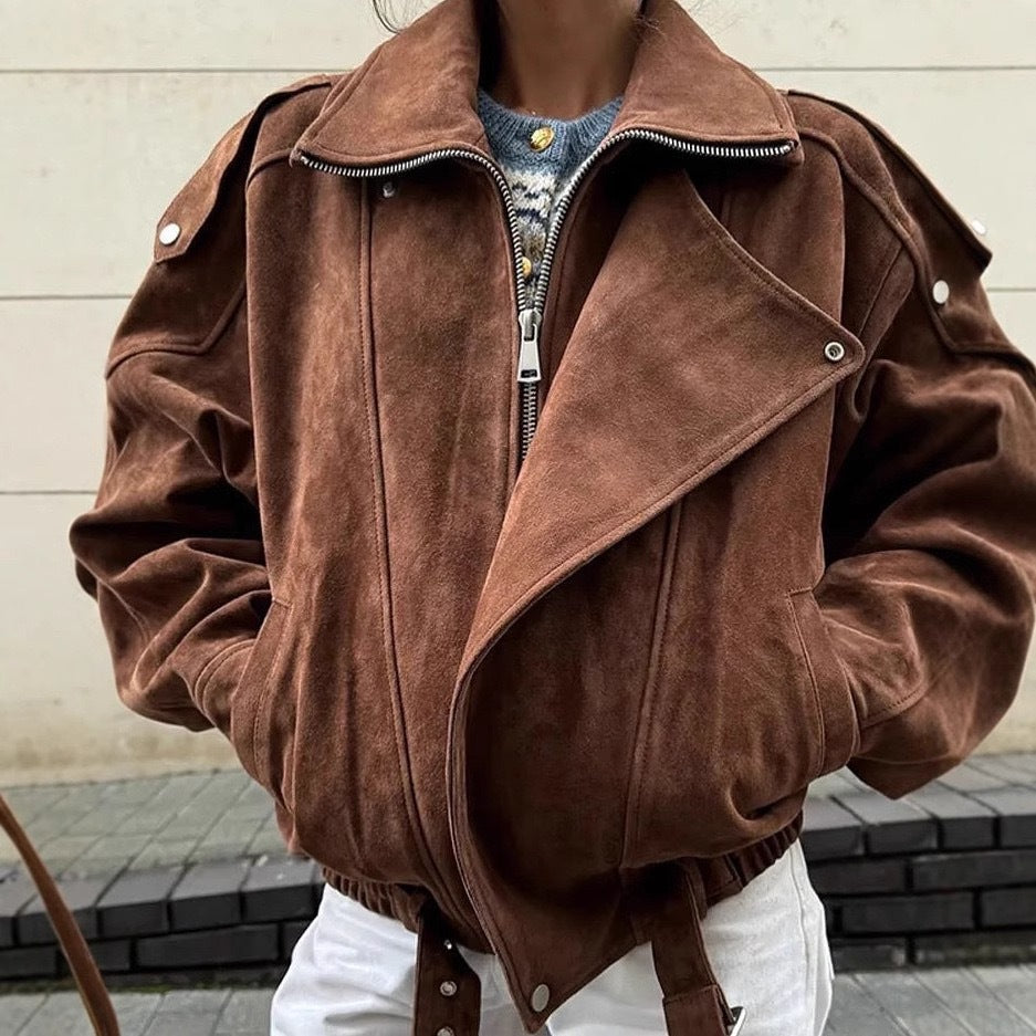 Damen Modische Kunstlederjacke mit breitem Kragen und Taillengürtel Drune