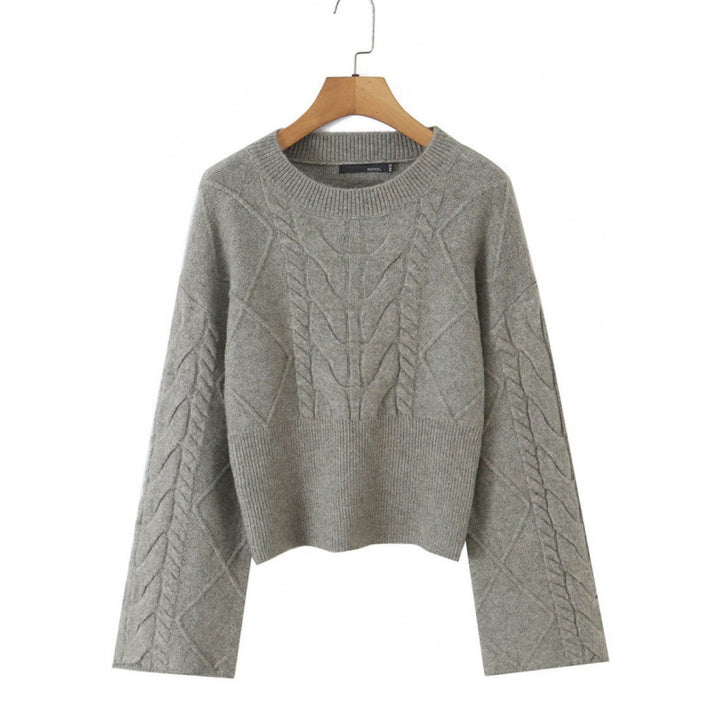 Damen Kurz geschnittener Zopfstrick-Pullover mit weitem Ärmel und geripptem Saum Drune