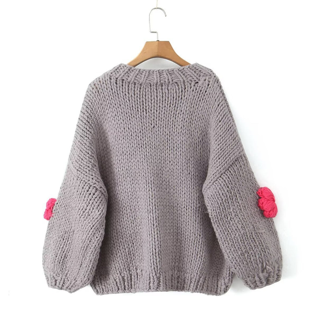 Damen gepunkteter Strickpullover mit voluminösen Ärmeln und floralem Design Drune