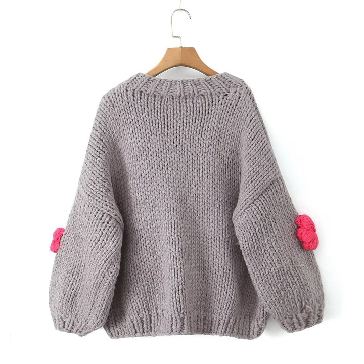 Damen gepunkteter Strickpullover mit voluminösen Ärmeln und floralem Design Drune