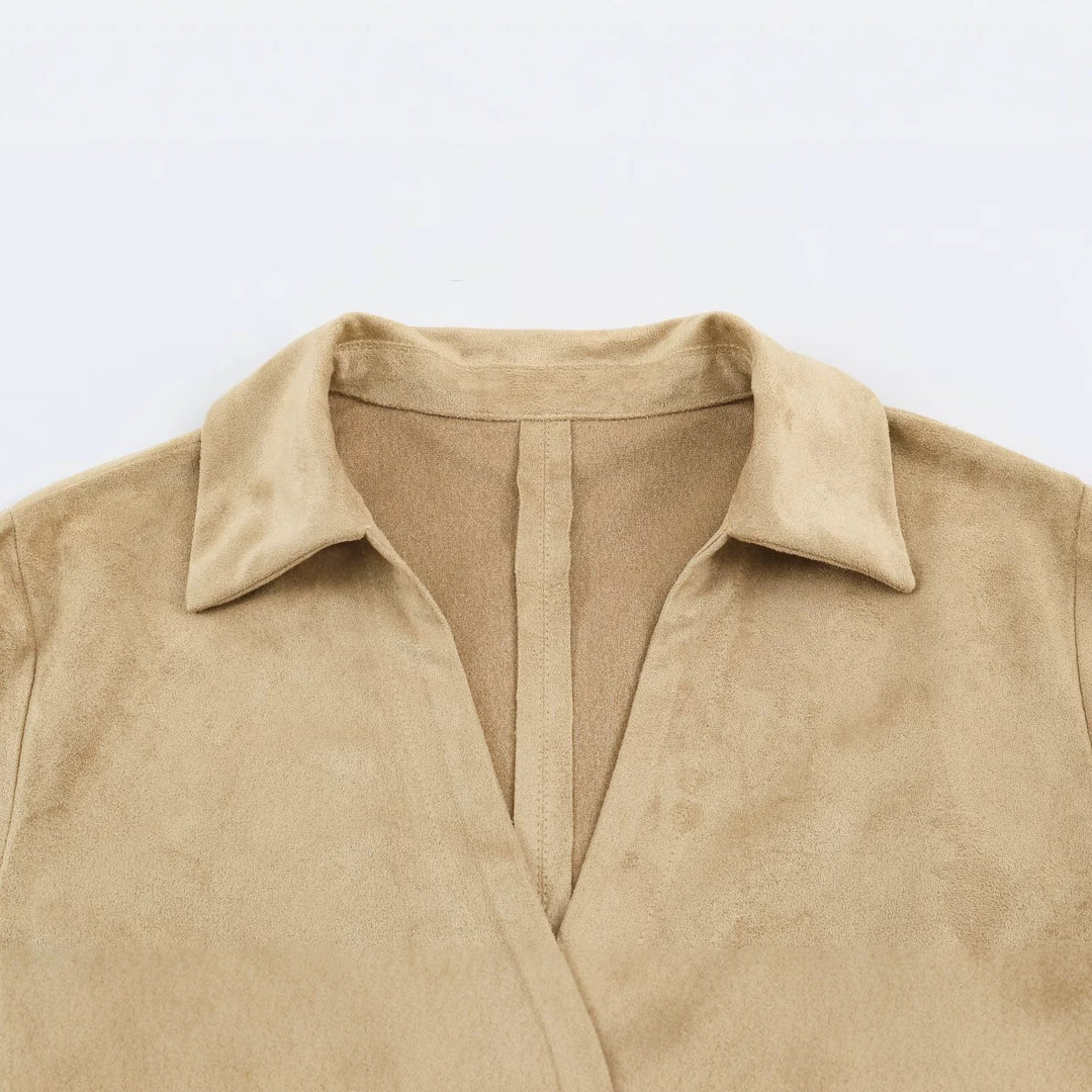 Damen Oversize-Wildlederoptik Jacke mit tiefem V‑Ausschnitt und Hemdkragen Drune