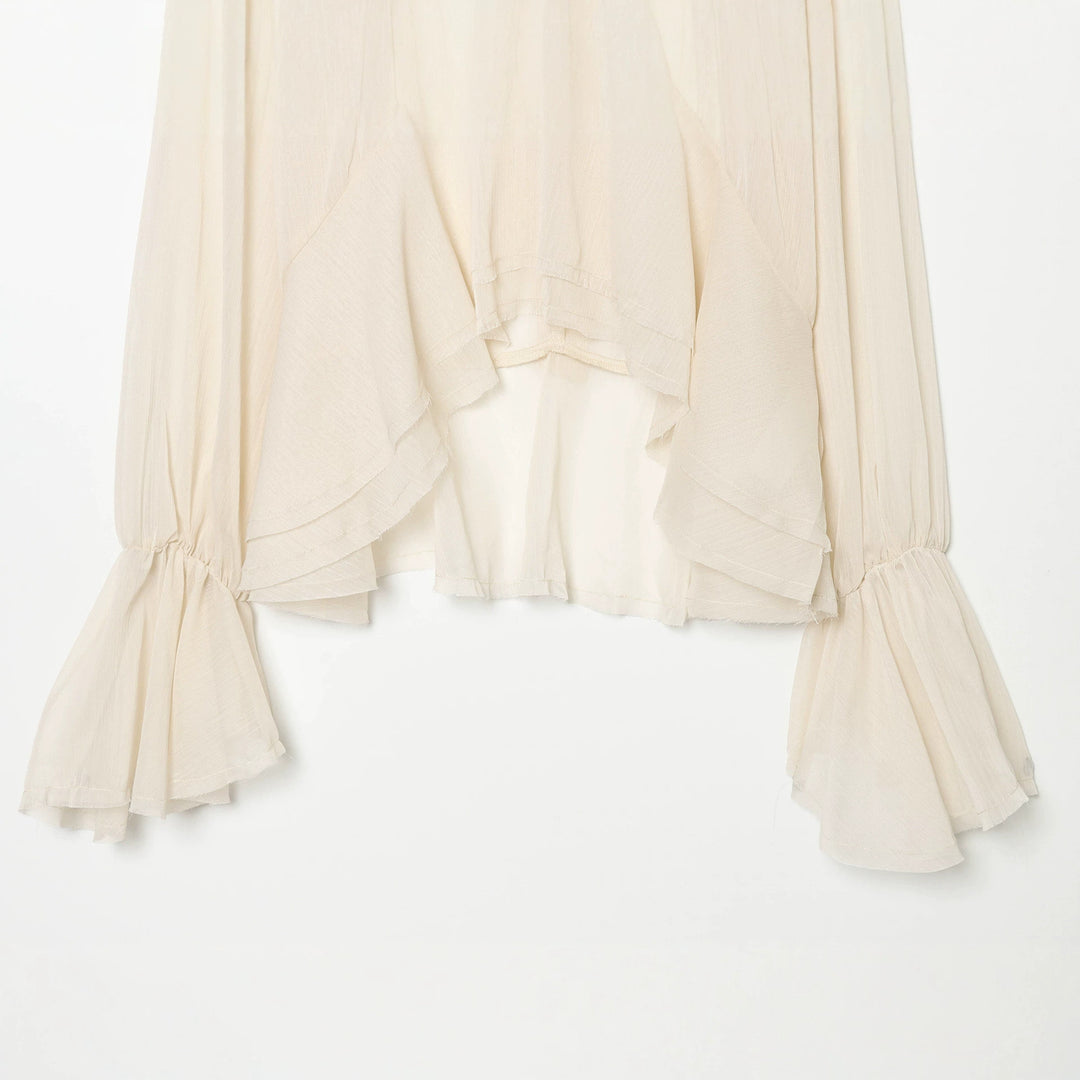 Damen nan transparente Chiffonbluse mit Schleifenkragen, Volantärmeln und Schößchen Drune