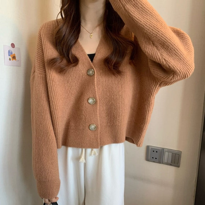Damen lässige Strickjacke mit hochgeschlossenen Kragen und großen Knopfdetails Drune