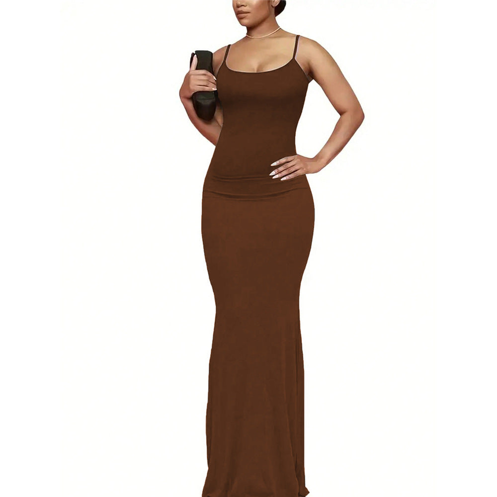 Damen elegantes Maxikleid mit schmalen Spaghettiträgern und fließendem Schnitt Drune