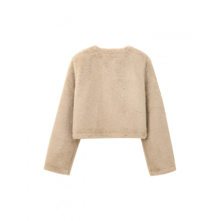 Damen Cropped Teddy‑Jacke mit geradem Saum, Rundhals und Hornknopfverschluss Drune