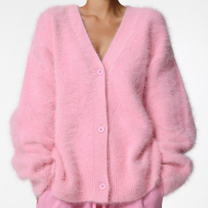 Damen Kuscheliger Oversize-Cardigan aus Teddy-Strick mit tiefem V-Ausschnitt Drune