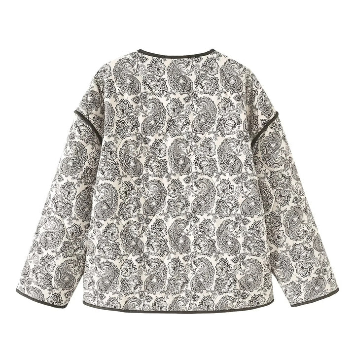 Damen nan gesteppte Paisley-Quiltjacke mit Rundhalsausschnitt aufgesetzten Taschen und kontrastierender Paspel Drune