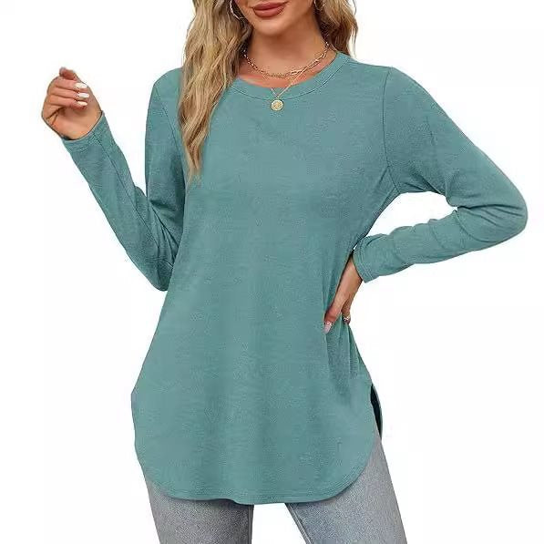 Damen Lässiges Longsleeve-Tunikaoberteil mit Rundhalsausschnitt, Seitenschlitzen und Aquarell-Blattprint Drune