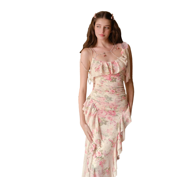 Damen Maxikleid mit floralem Rüschendesign und einem einseitigen Träger Drune