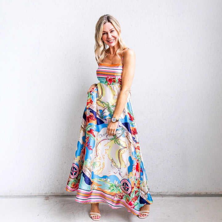 Damen Sommerliches Maxikleid mit auffälligem Grafikdesign und Spaghettiträgern Drune