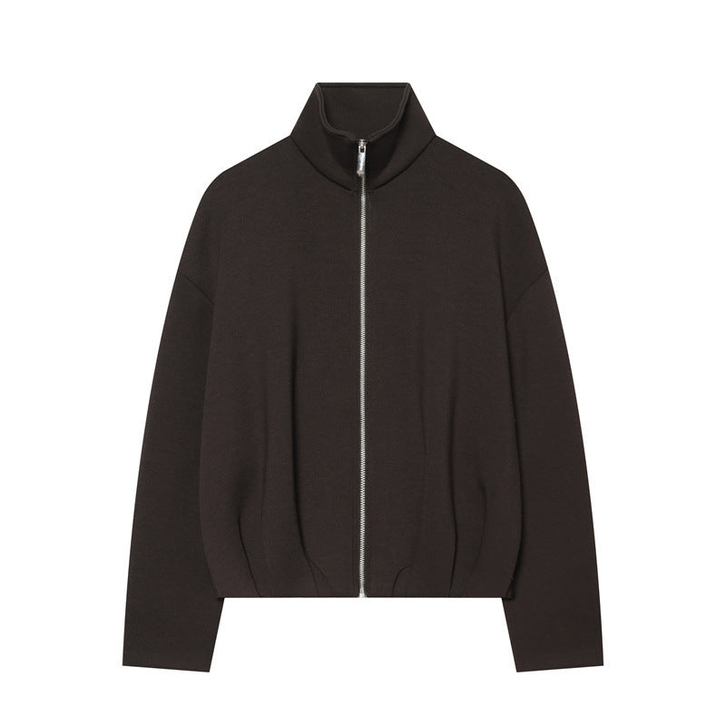 Damen Boxy Cropped Stehkragen‑Strickjacke mit durchgehendem Reißverschluss und überschnittener Schulter Drune
