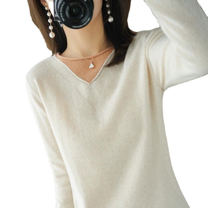 Damen Weicher V‑Ausschnitt-Pullover aus Kaschmir‑Look mit kontrastierter Kantenverzierung Drune