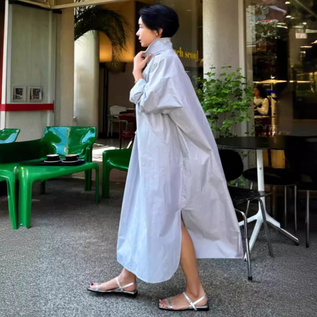 Damen Fließendes Oversize‑Hemdkleid mit Kentkragen, Kimonoärmeln und Seitenschlitzen Drune