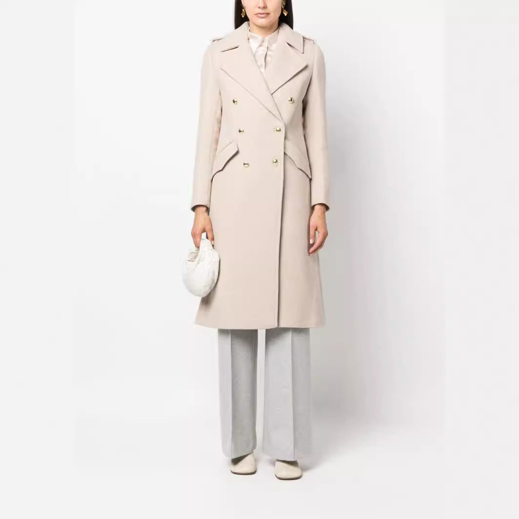 Damen Midilanger Doppelreihiger Tailoring‑Mantel mit taillierter Nahtführung und Zierriegeln Drune
