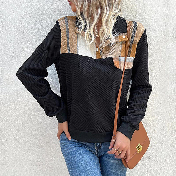 Damen Stepp-Sweatshirt mit Karodetail, Knopfblende und geripptem Bund Drune
