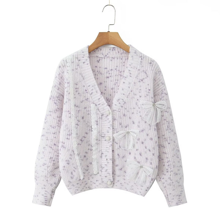 Damen Strickjacke mit dekorativen Schleifen und zartem Muster Drune