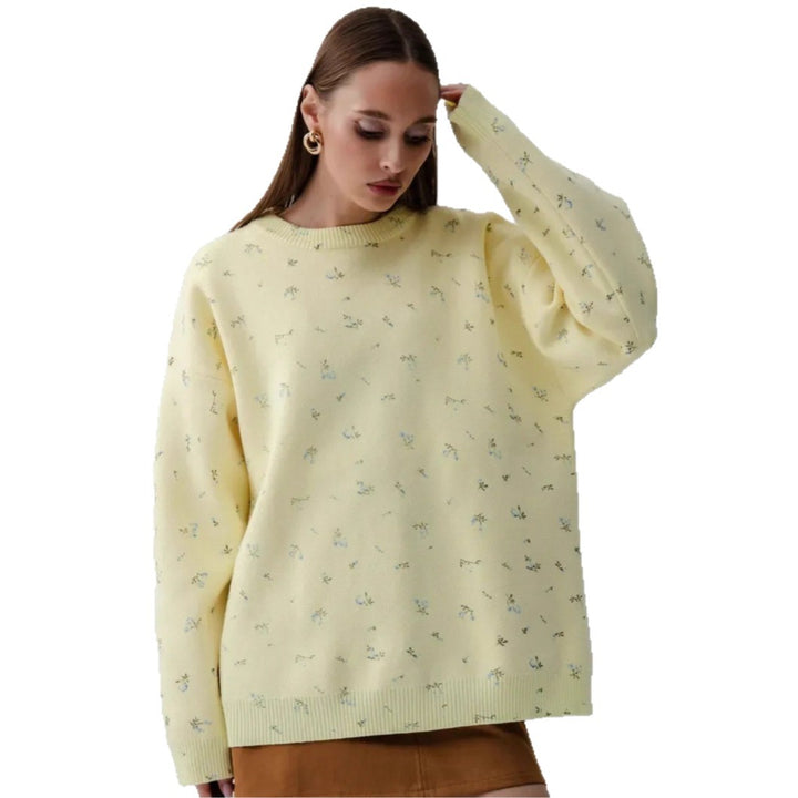 Damen Oversized Strickpullover mit floralen Akzenten und weitem Schnitt Drune