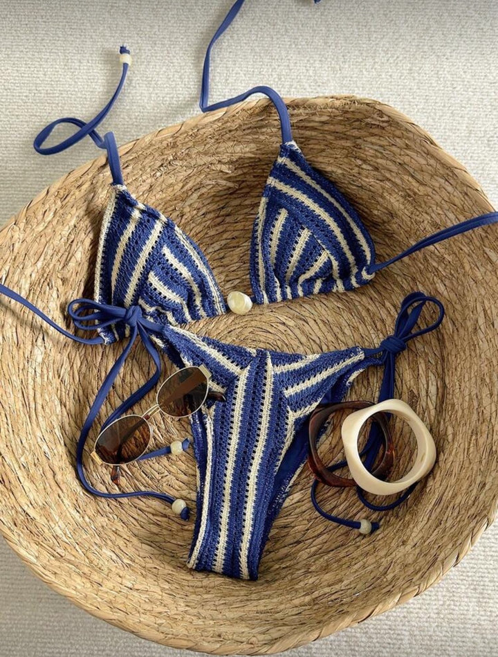 Damen Handgehäkelter Bikini mit maritimem Streifenmuster Drune