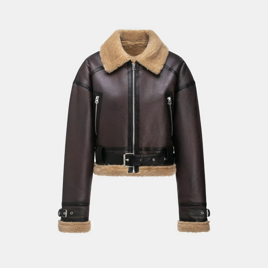 Damen nan cropped Aviatorjacke mit Bundgürtel, sichtbarer Metallreißverschluss und Teddyfutter Drune