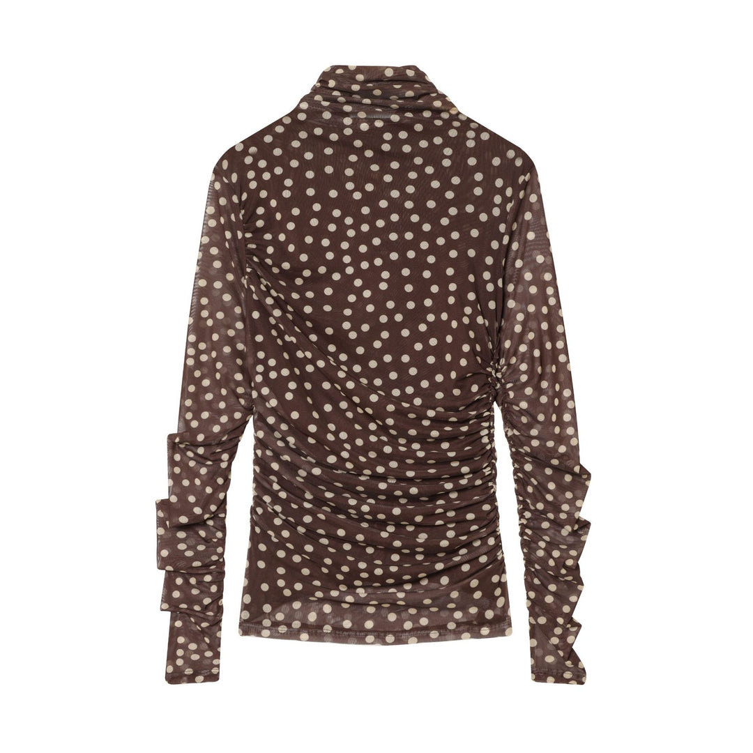 Damen nan gerafftes Langarm-Mesh-Top mit Rollkragen und Punkteprint Drune