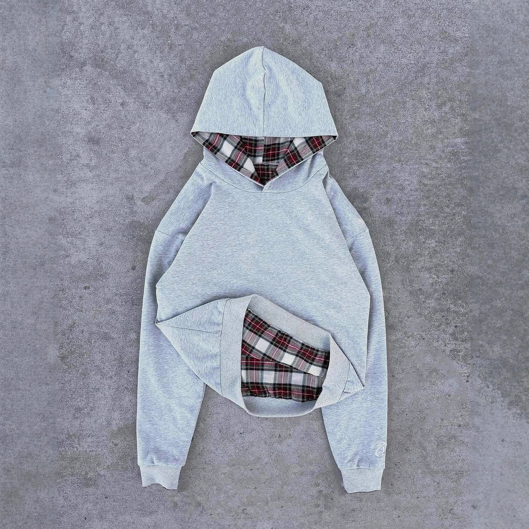 Damen nan kurz geschnittenes Kapuzensweatshirt mit kariertem Flanellfutter und Kängurutasche Drune