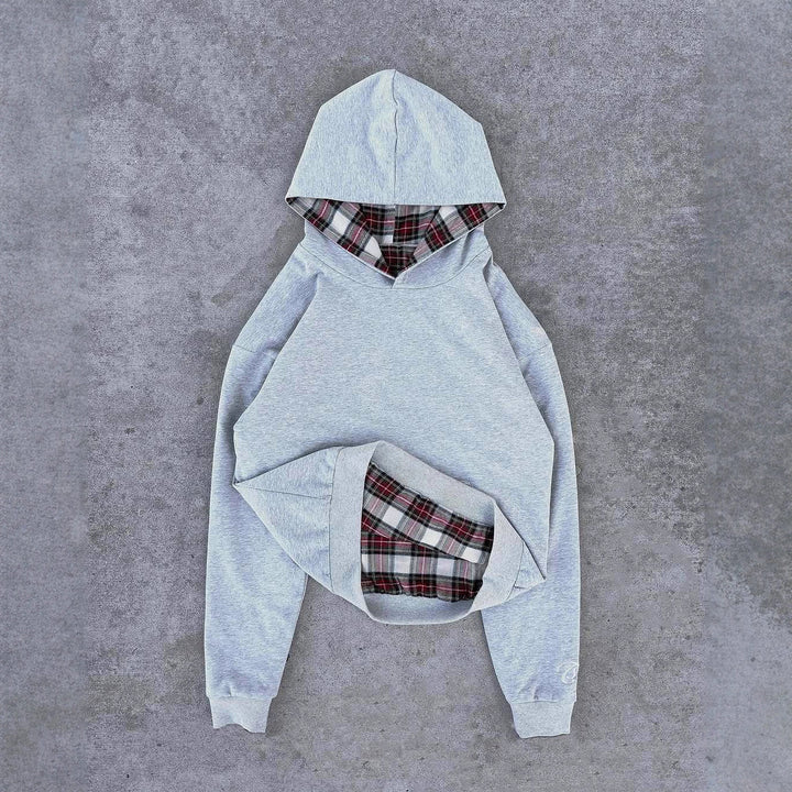 Damen nan kurz geschnittenes Kapuzensweatshirt mit kariertem Flanellfutter und Kängurutasche Drune