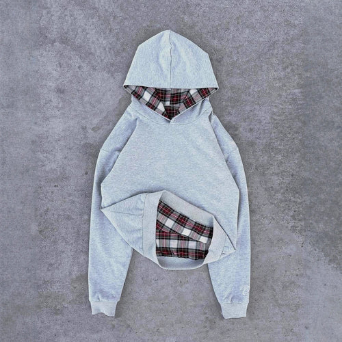 Damen nan kurz geschnittenes Kapuzensweatshirt mit kariertem Flanellfutter und Kängurutasche Drune