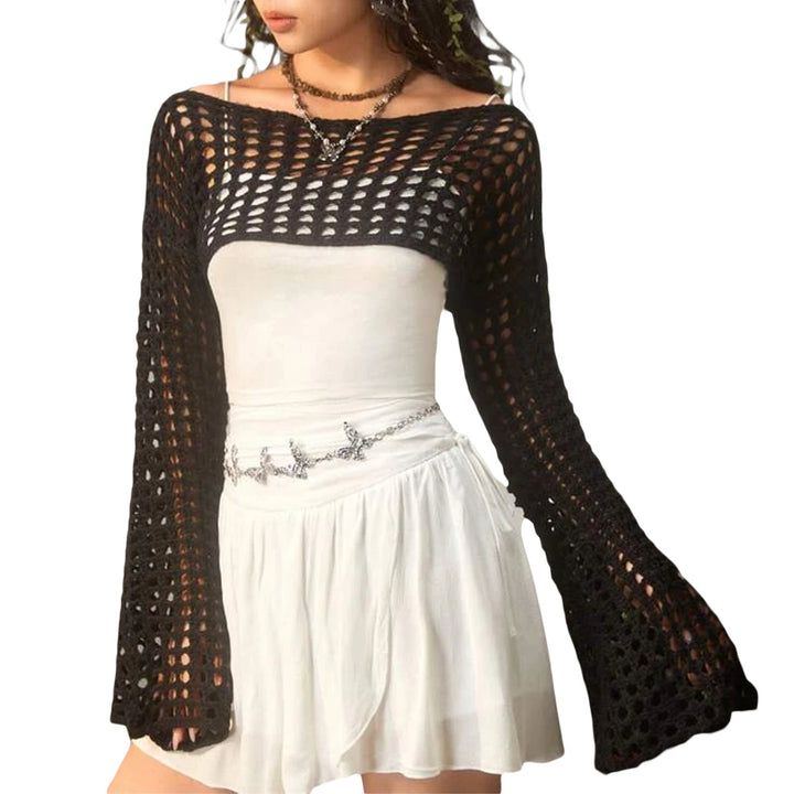 Damen luftiges gehäkeltes Crop-Top mit langen Ärmeln Drune