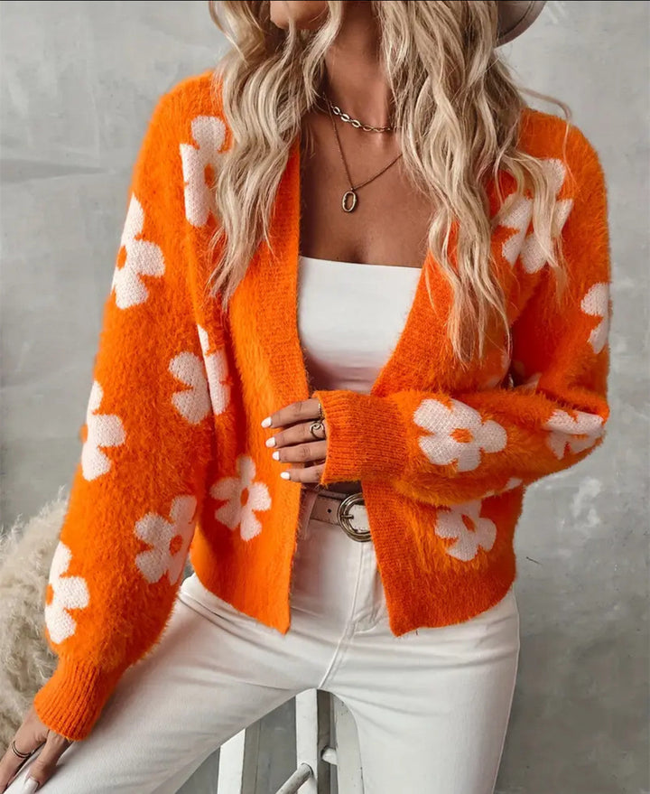 Damen Flauschiger Cardigan mit Blumenmuster Drune