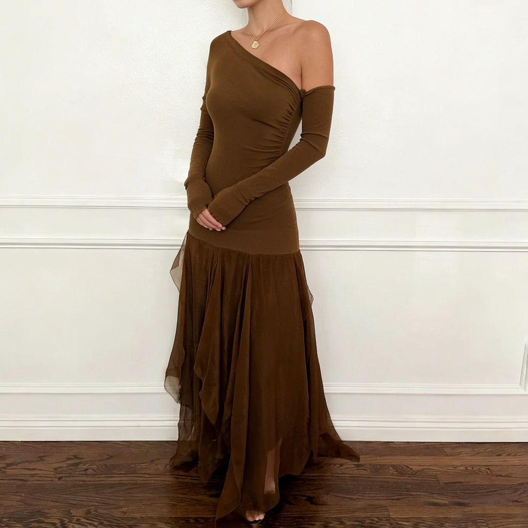 Damen Ein-Schulter-Abendkleid mit taillierter Stretch-Silhouette und mehrlagigem Tüll-Mermaidrock Drune